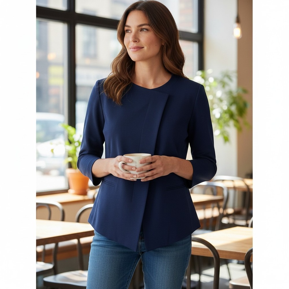 Saks Fifth Avenue Prussian Blue Asymmetric Wrap Blazer Jacket Womens 8 MSRP $325